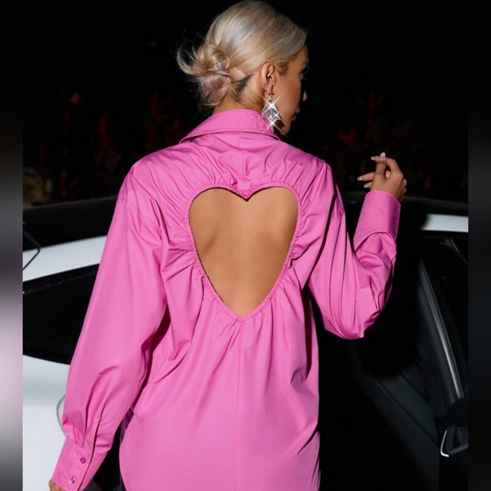 Zara Pink Heart Cutout Oversize  Poplin Button Down Shirt Size L